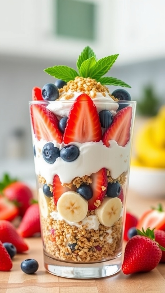 Quinoa Greek Yogurt Parfait Recipe A colorful quinoa Greek yogurt parfait with layers of yogurt, quinoa, and fresh fruits in a clear glass.